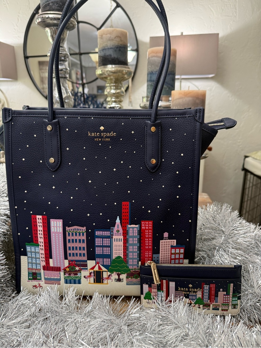 Kate Spade Navy cityscape holiday tote with matching card Holder.